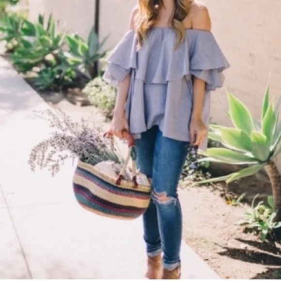 MLM Maison Off The Shoulder Blouse Top Navy Heritage Prep Preppy Resortwear Cute - Picture 3 of 10